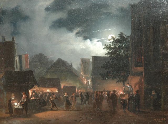 Cate H.G. ten | Markt bij maanlicht, olieverf op paneel 21,2 x 28,7 cm, gesigneerd r.o. en gedateerd 1854