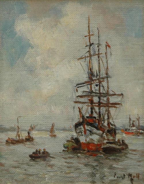 Moll E.  | Duwschepen met driemaster op de Nieuwe Maas, Rotterdam, olieverf op doek op paneel 14,0 x 11,0 cm, gesigneerd r.o.