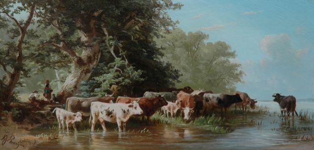 Prooijen A.J. van | Herder en herderin met kudde koeien, olieverf op paneel 16,1 x 33,0 cm, gesigneerd l.o.