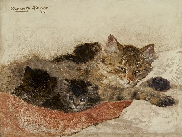 Ronner-Knip H.  | Soezende moederpoes met kittens, olieverf op paneel 27,9 x 36,5 cm, gesigneerd l.b. en gedateerd 1903