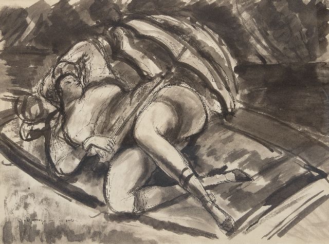 Dunoyer de Segonzac A.A.M.  | Jeune femme nue allongée (studie voor les Canotiers), inkt en krijt op papier 47,6 x 62,5 cm, gesigneerd l.o. en te dateren ca. 1924