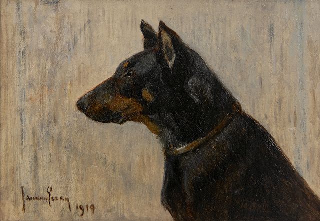 Jan van Essen | Portret van een Duitse pinscher, olieverf op doek op board, 15,7 x 21,5 cm, gesigneerd l.o. en gedateerd 1919