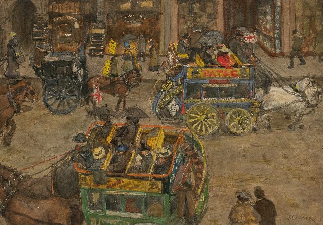 Ko Cossaar | Omnibussen in een Londense straat, potlood en aquarel op papier, 38,8 x 55,8 cm, gesigneerd r.o.