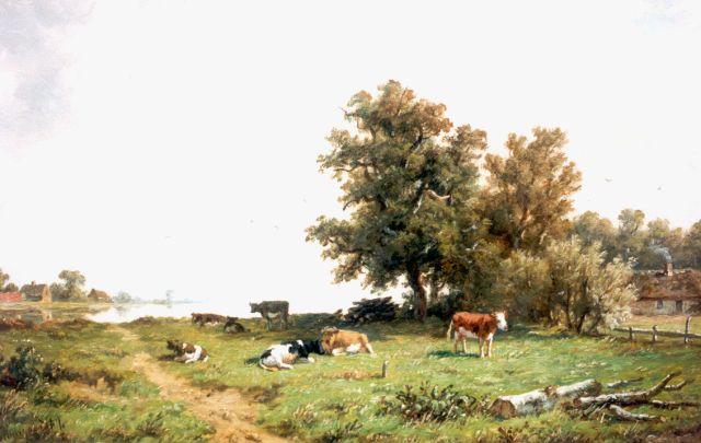 Wijngaerdt A.J. van | Rivierlandschap met koeien aan de waterkant, olieverf op doek 33,0 x 48,0 cm, gesigneerd l.o.