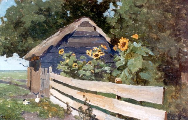 Tholen W.B.  | Zonnebloemen achter een hek, olieverf op doek op paneel 20,0 x 31,1 cm, gesigneerd l.o.