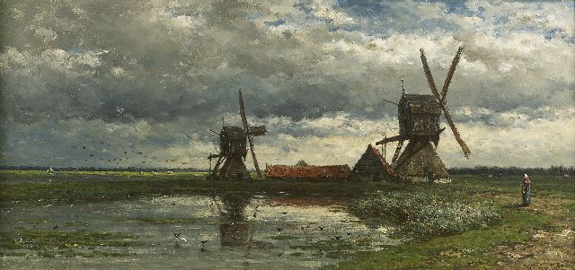Roelofs W.  | Polderlandschap met wipwatermolens, olieverf op paneel 28,0 x 59,0 cm, gesigneerd r.o. en te dateren ca. 1880-1885