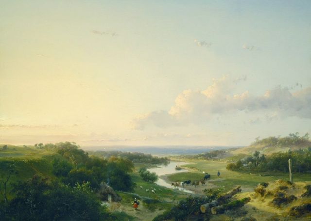 Schelfhout A.  | Herder met kudde in een riviervallei, olieverf op paneel 35,8 x 48,8 cm, gesigneerd r.o. en gedateerd 1847